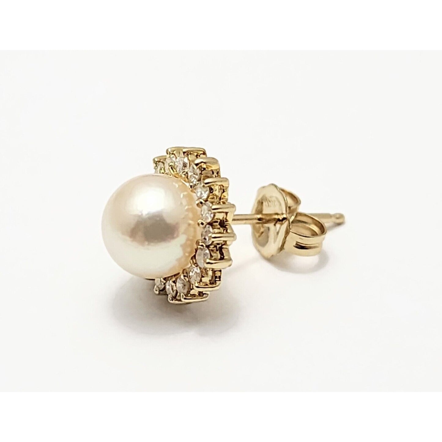 Single 14K Yellow Gold Round Pearl & Diamond Stud Earring