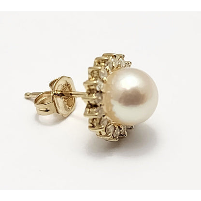 Single 14K Yellow Gold Round Pearl & Diamond Stud Earring