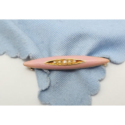 Vintage 14K Yellow Gold Pearls & Rose Enamel Brooch Pin