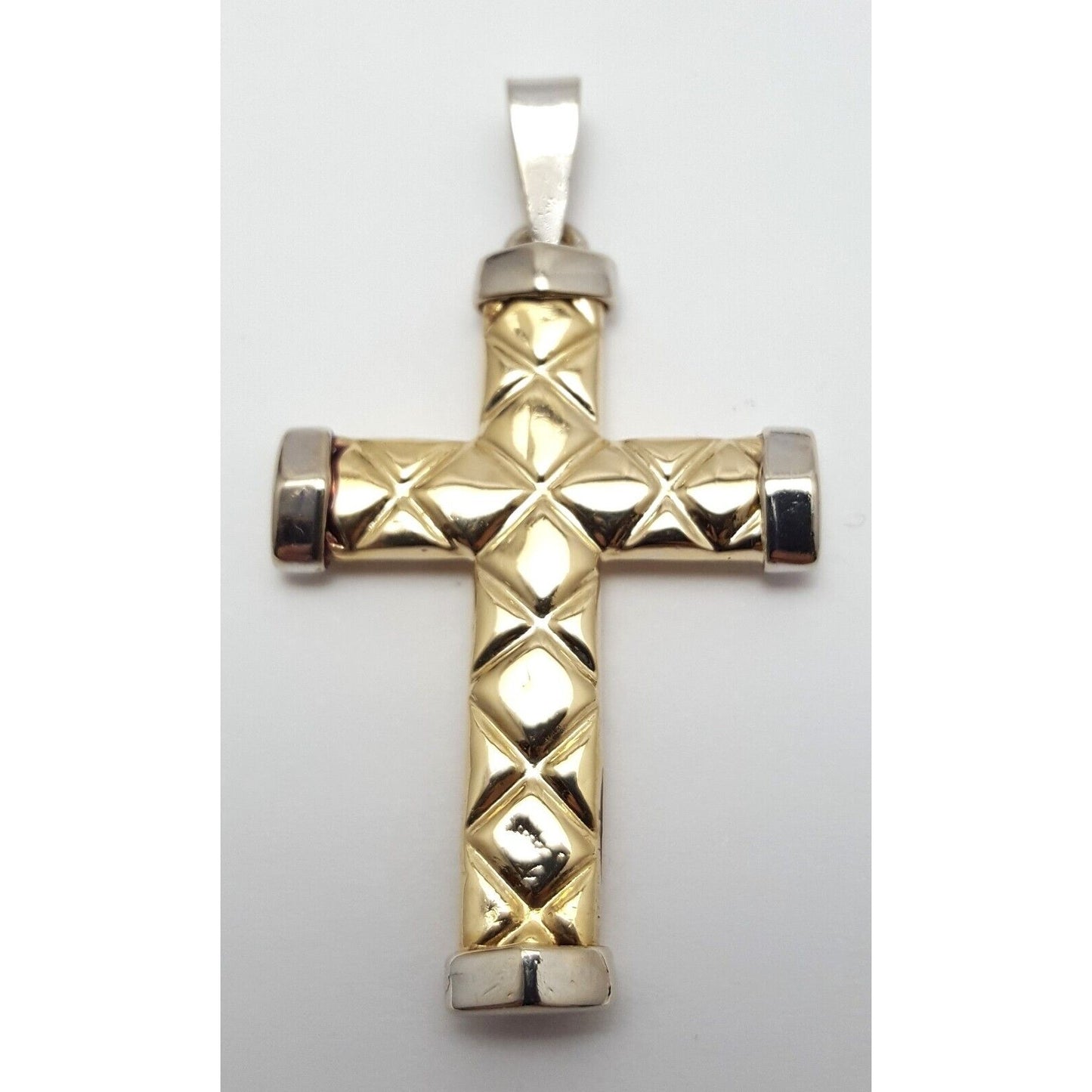 14K Solid Two Tone  Gold Puffy Cross Charm Pendant