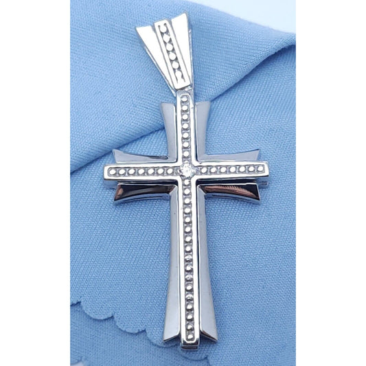 14K Solid White Gold Diamond Cross Pendant Charm