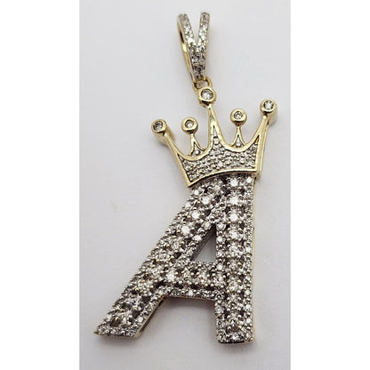 10K Solid Two Tone Gold Diamond Initial " A " Crown Charm Pendant