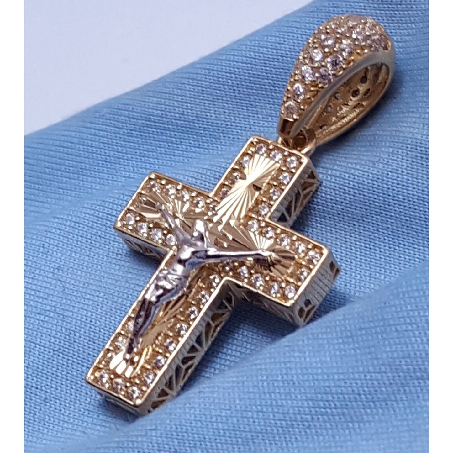 14K Two Tone Gold Religious Jesus Cubic Zirconia Cross Charm Pendant