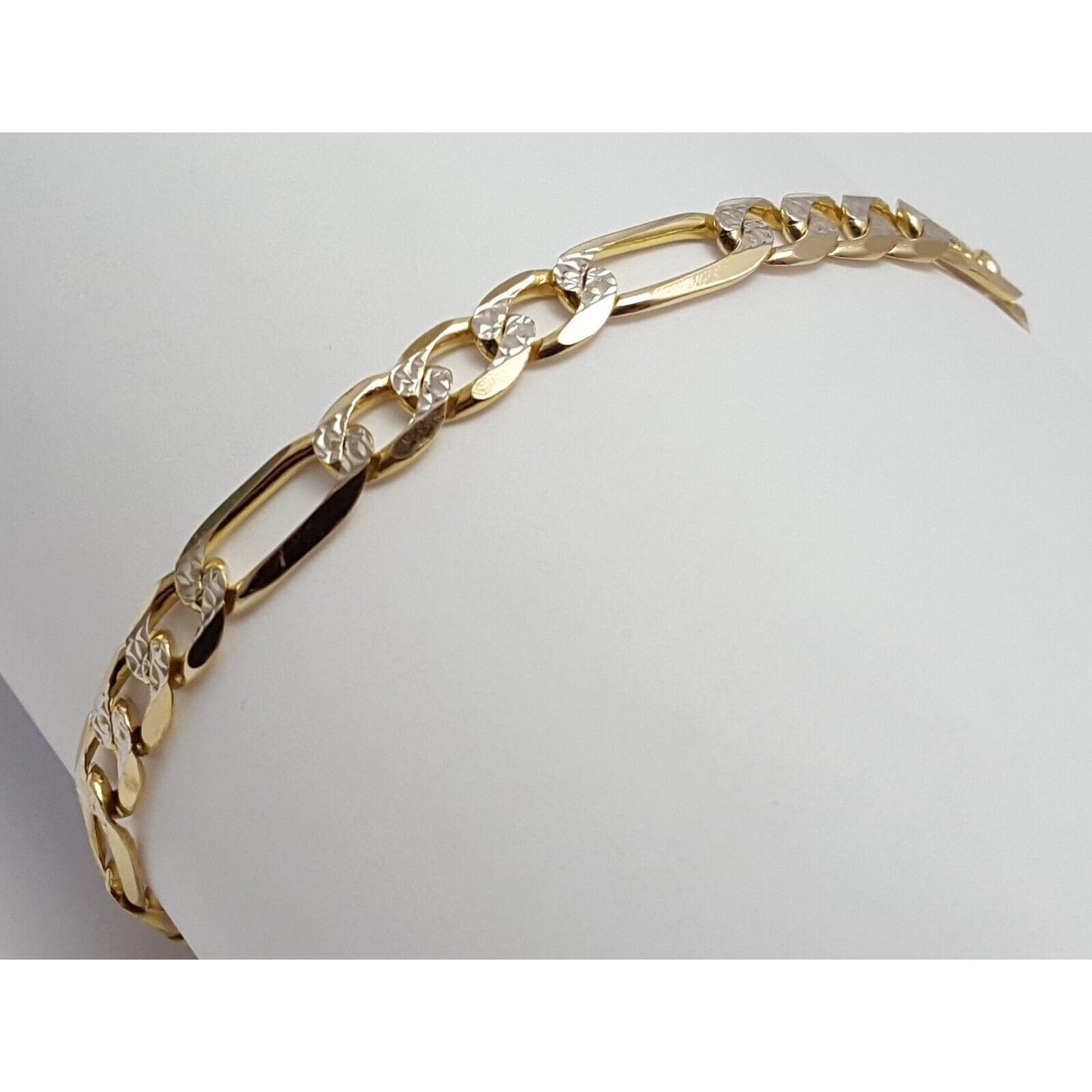 14K Solid Multi Tone Gold Diamond Cut Figaro Link Bracelet