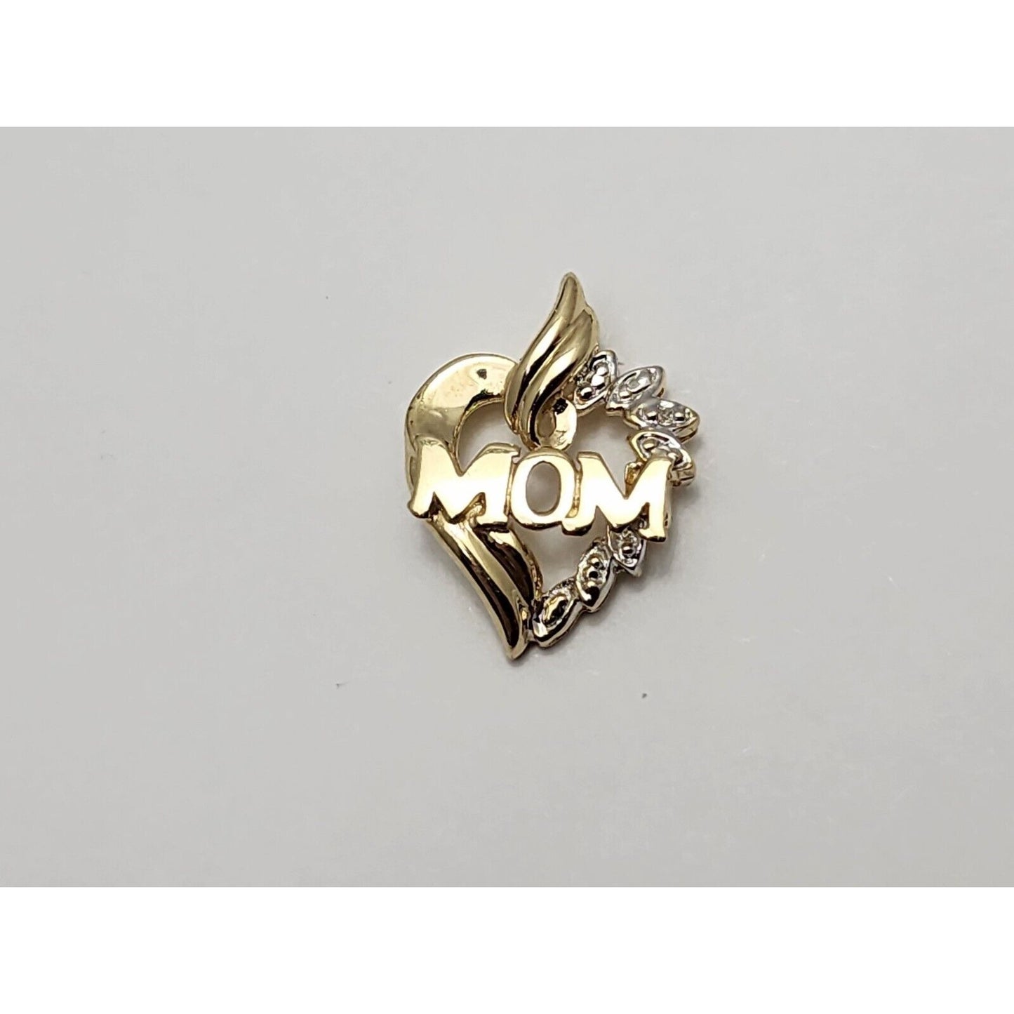 10K Two Tone Gold Diamond Heart Initial "Mom" Charm Pendant