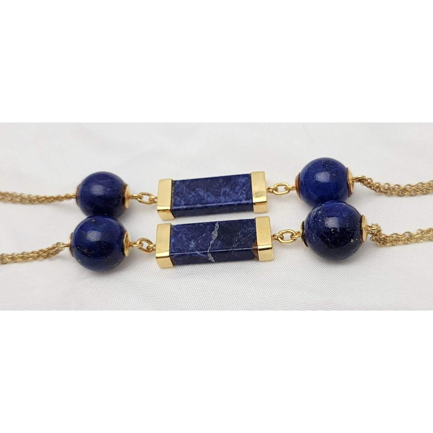 18K Solid Yellow Gold Floral Lapis Lazuli Bead Ball Link Chain Necklace