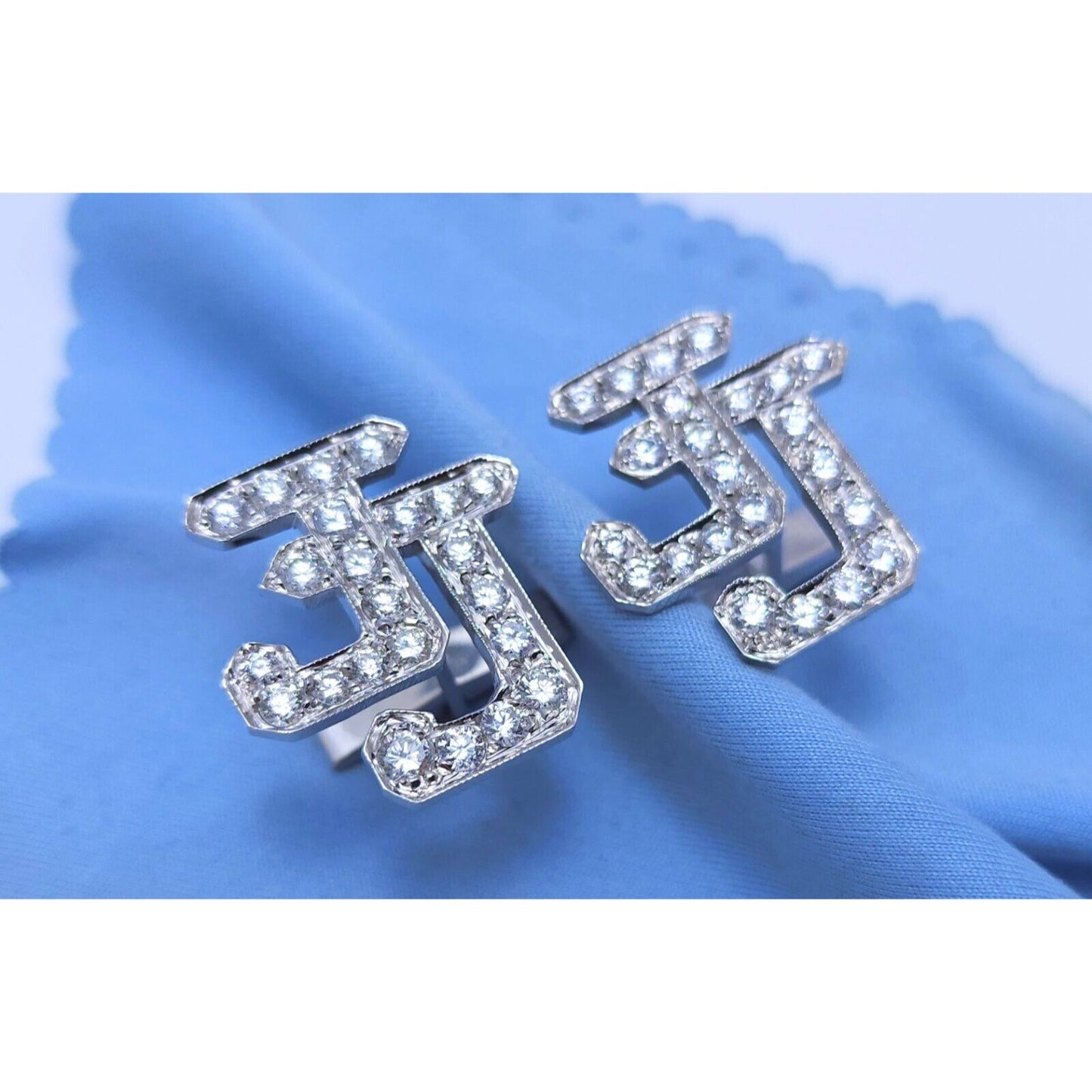 14K White Gold Initial Letter "JJ" Diamond Cufflinks