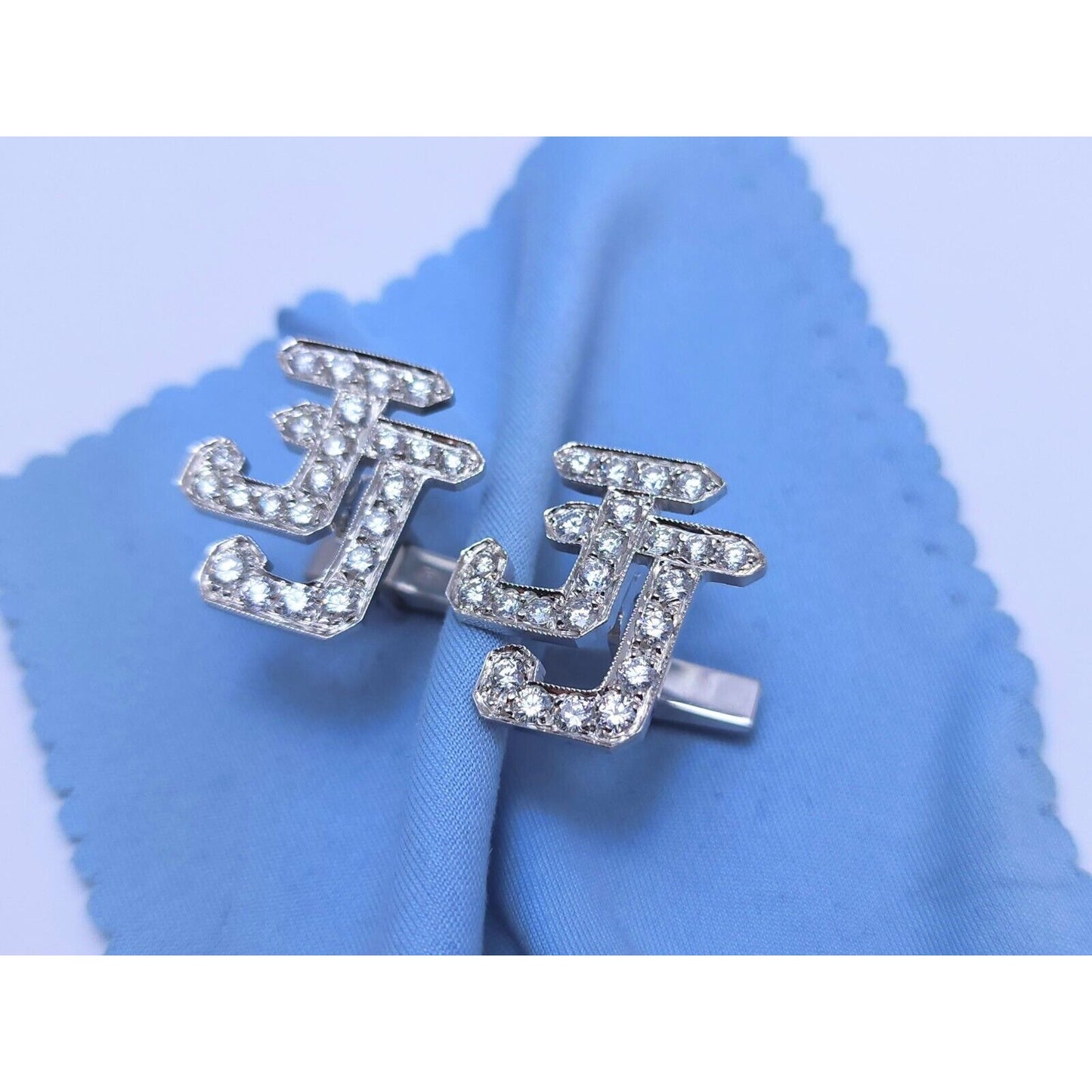 14K White Gold Initial Letter "JJ" Diamond Cufflinks