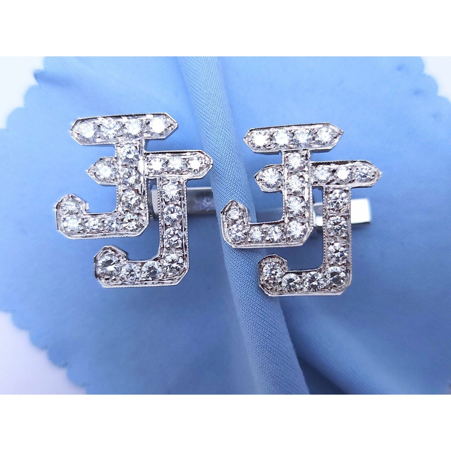 14K White Gold Initial Letter "JJ" Diamond Cufflinks