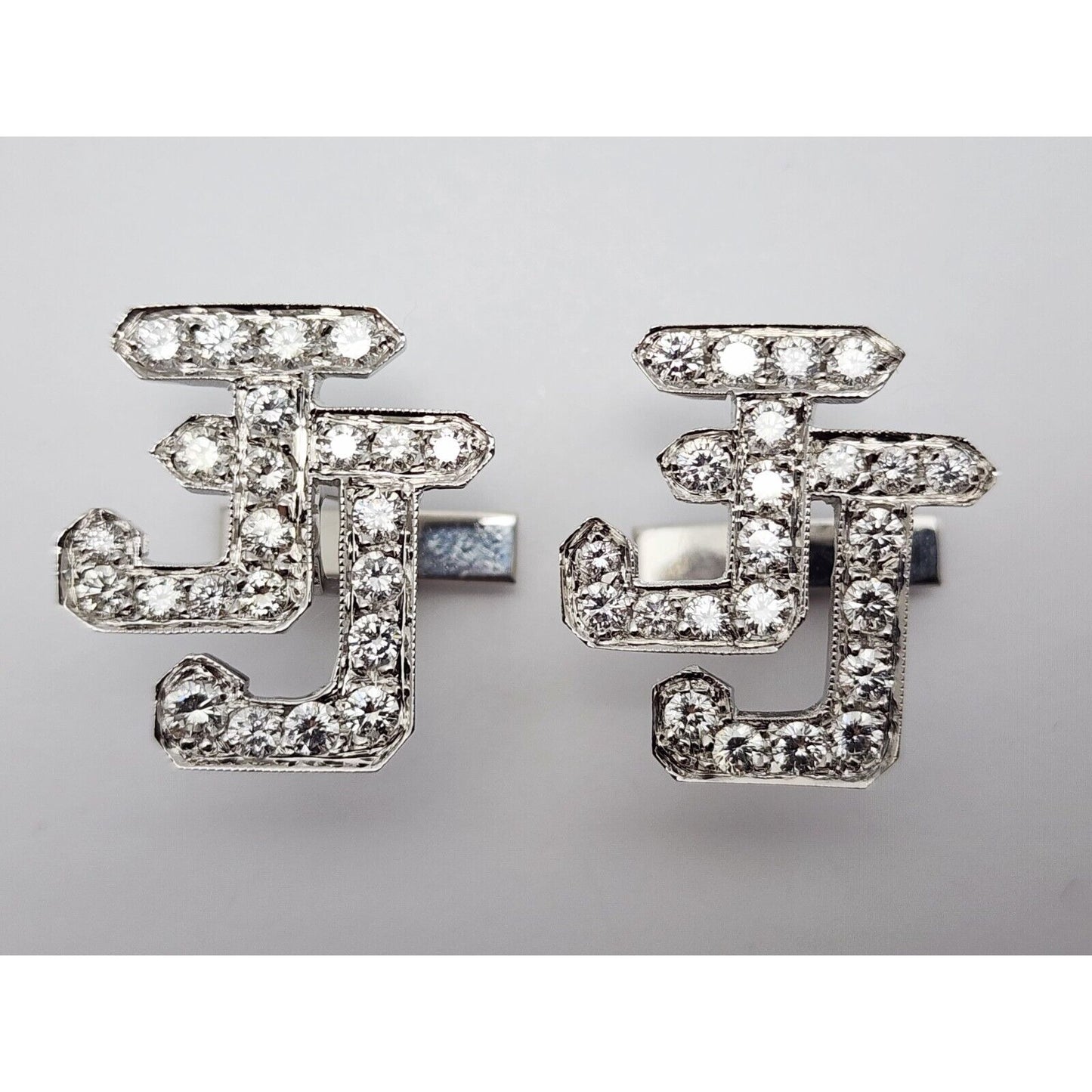 14K White Gold Initial Letter "JJ" Diamond Cufflinks