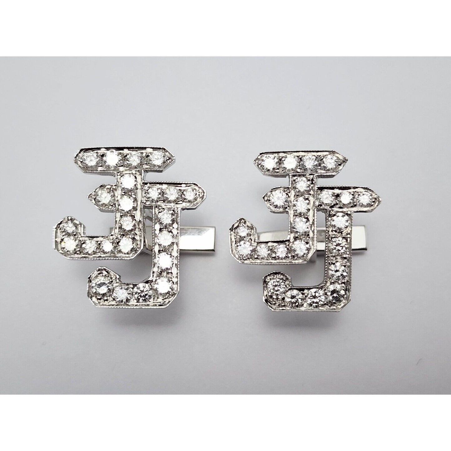 14K White Gold Initial Letter "JJ" Diamond Cufflinks