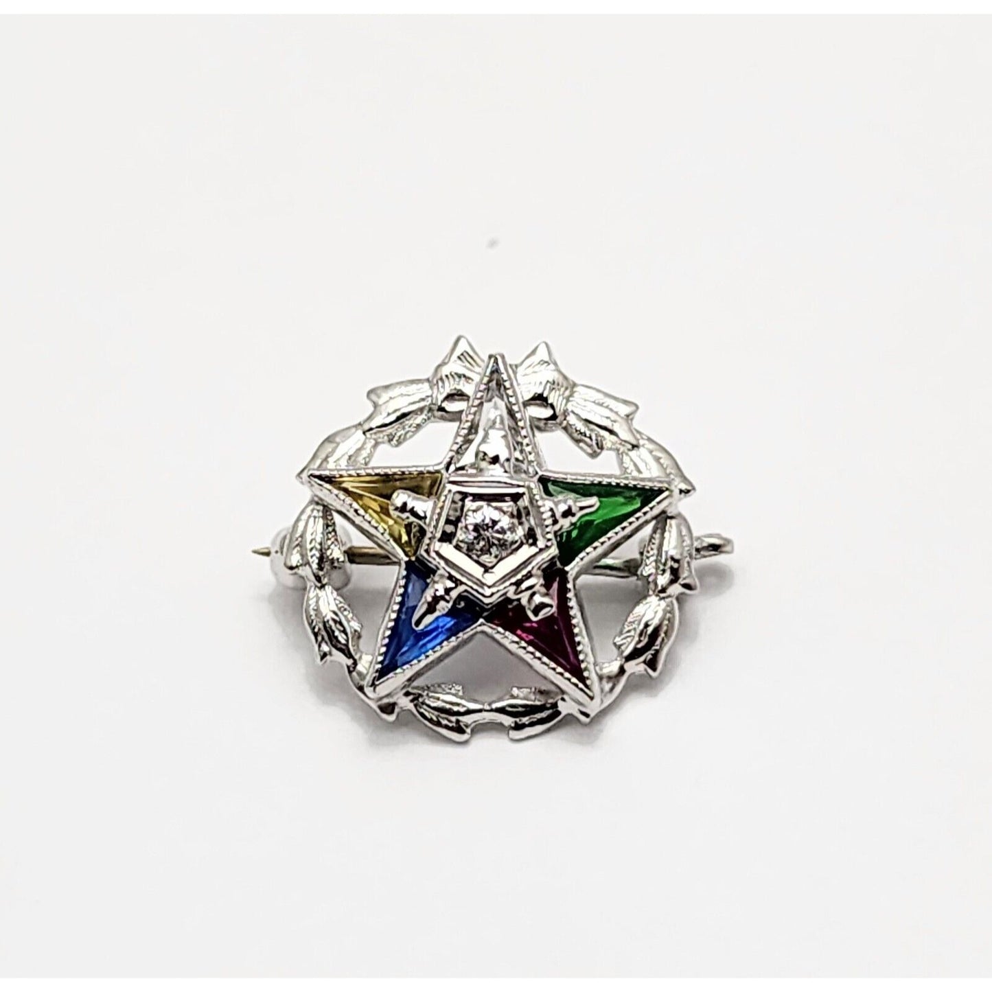 10K White Gold Eastern Star Diamond Brooch Pin