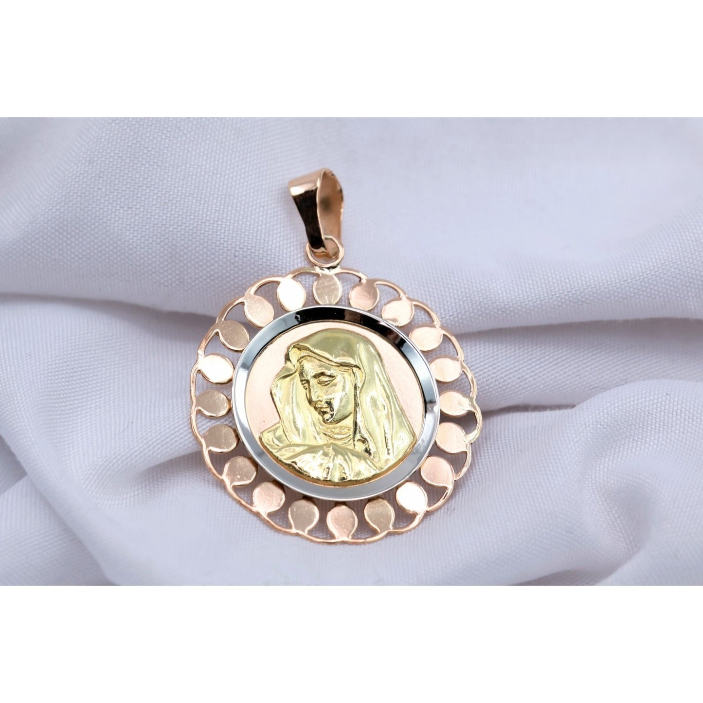 18K Tri Color Gold Round Saint Mary Charm Pendant