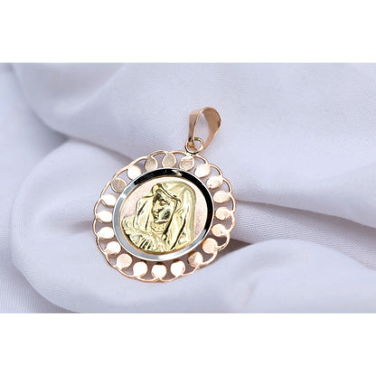 18K Tri Color Gold Round Saint Mary Charm Pendant
