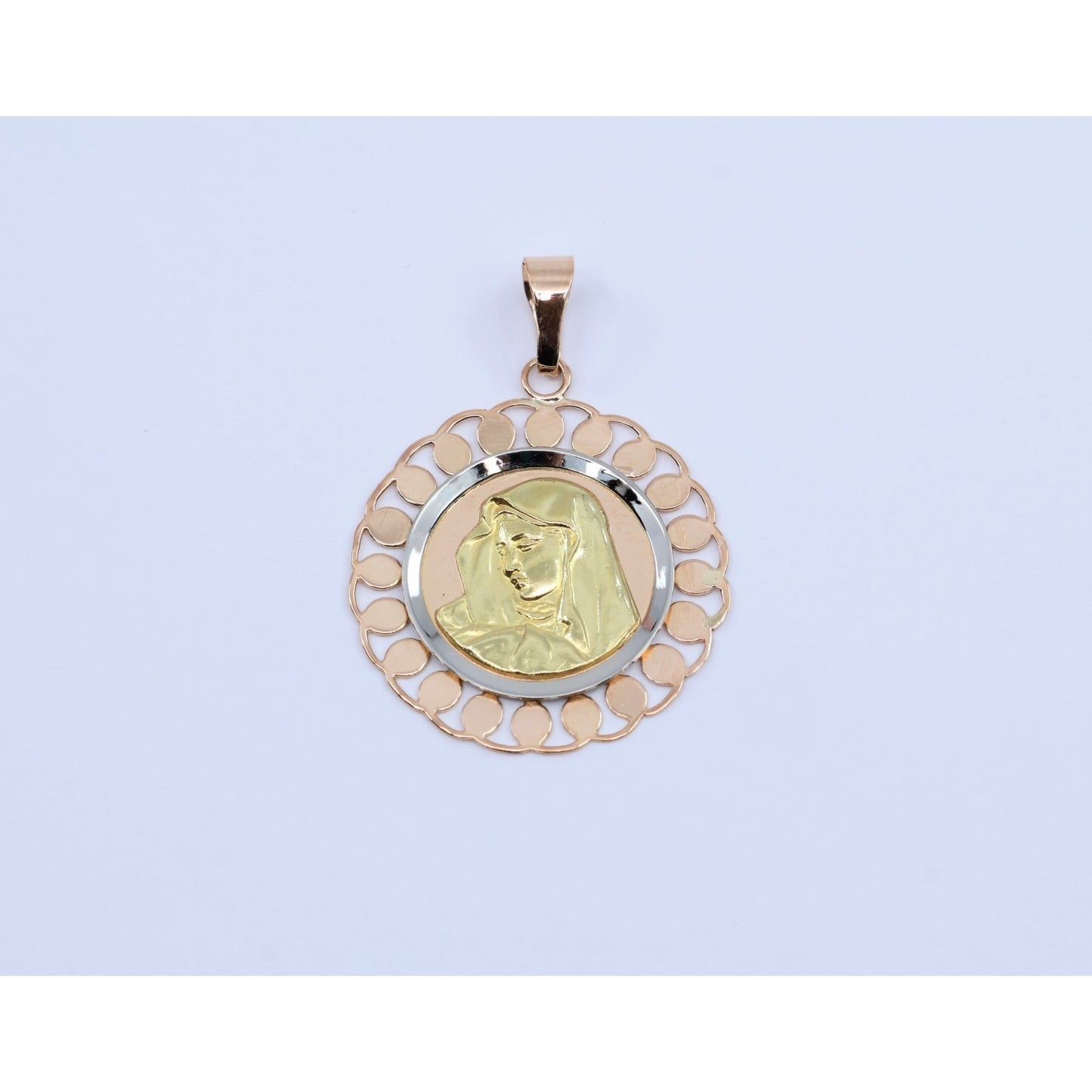 18K Tri Color Gold Round Saint Mary Charm Pendant