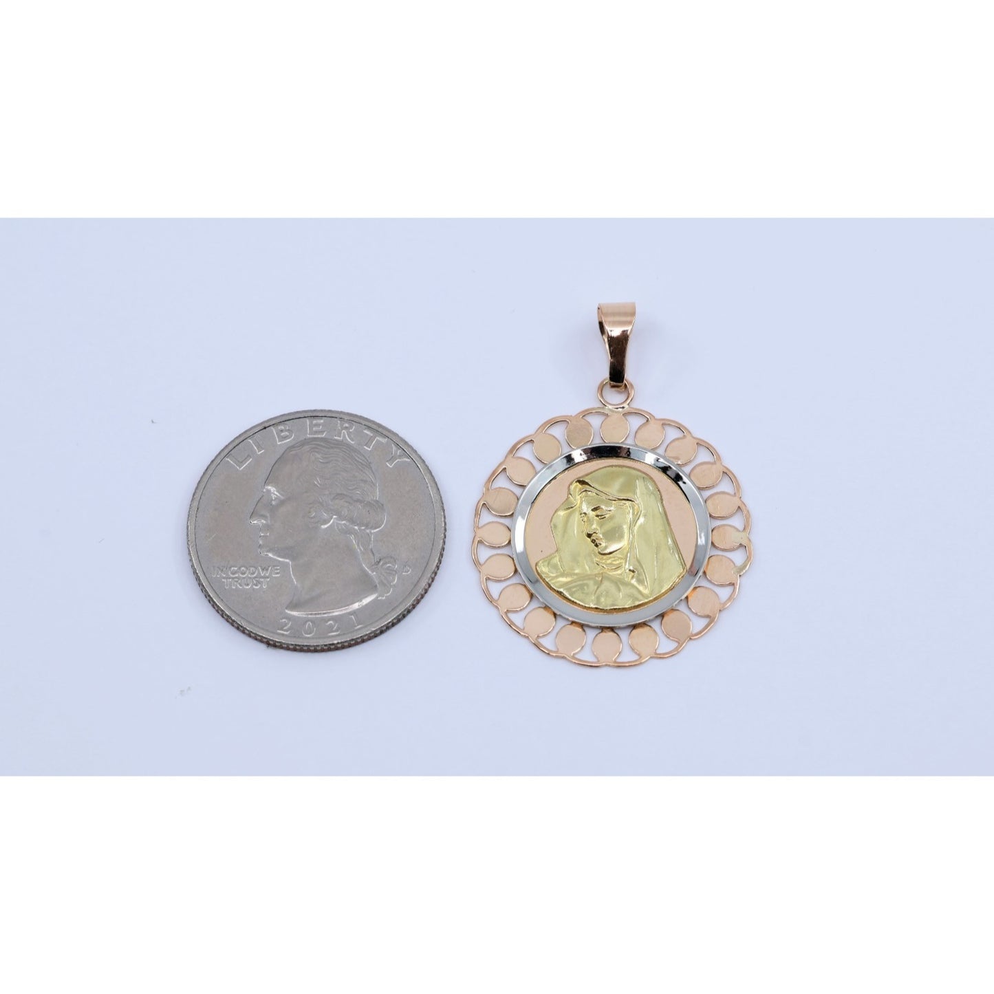 18K Tri Color Gold Round Saint Mary Charm Pendant
