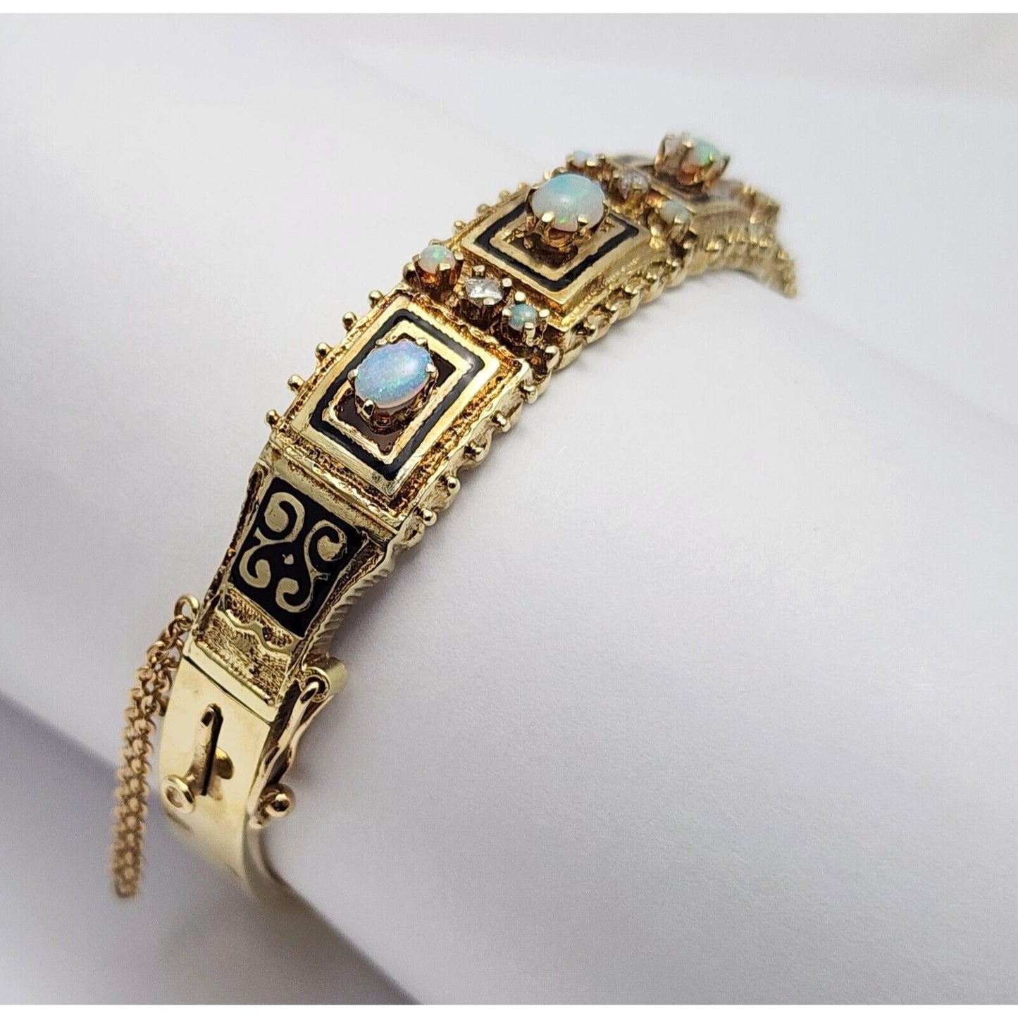 14K Yellow Gold Opal & Diamond Enamel Bangle Bracelet