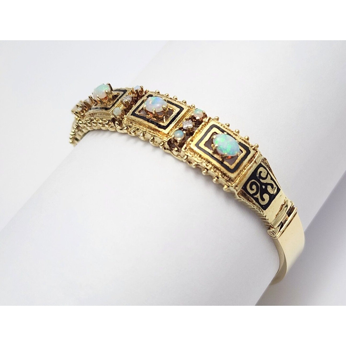 14K Yellow Gold Opal & Diamond Enamel Bangle Bracelet