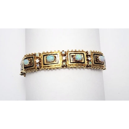 14K Yellow Gold Opal & Diamond Enamel Bangle Bracelet