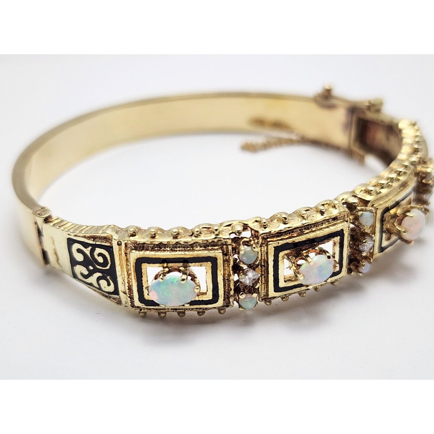 14K Yellow Gold Opal & Diamond Enamel Bangle Bracelet