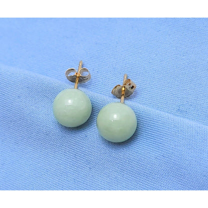 14K Yellow Gold Jade Jadeite Round Stud Earrings