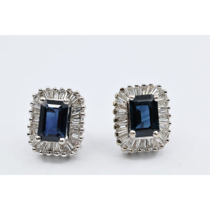 14K White Gold Radiant Cut Sapphire & Diamond Rectangular Stud Earrings