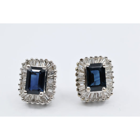 14K White Gold Radiant Cut Sapphire & Diamond Rectangular Stud Earrings