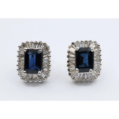 14K White Gold Radiant Cut Sapphire & Diamond Rectangular Stud Earrings