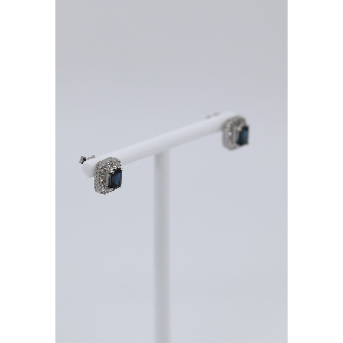 14K White Gold Radiant Cut Sapphire & Diamond Rectangular Stud Earrings