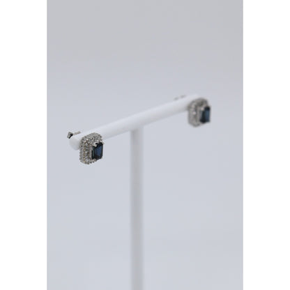 14K White Gold Radiant Cut Sapphire & Diamond Rectangular Stud Earrings