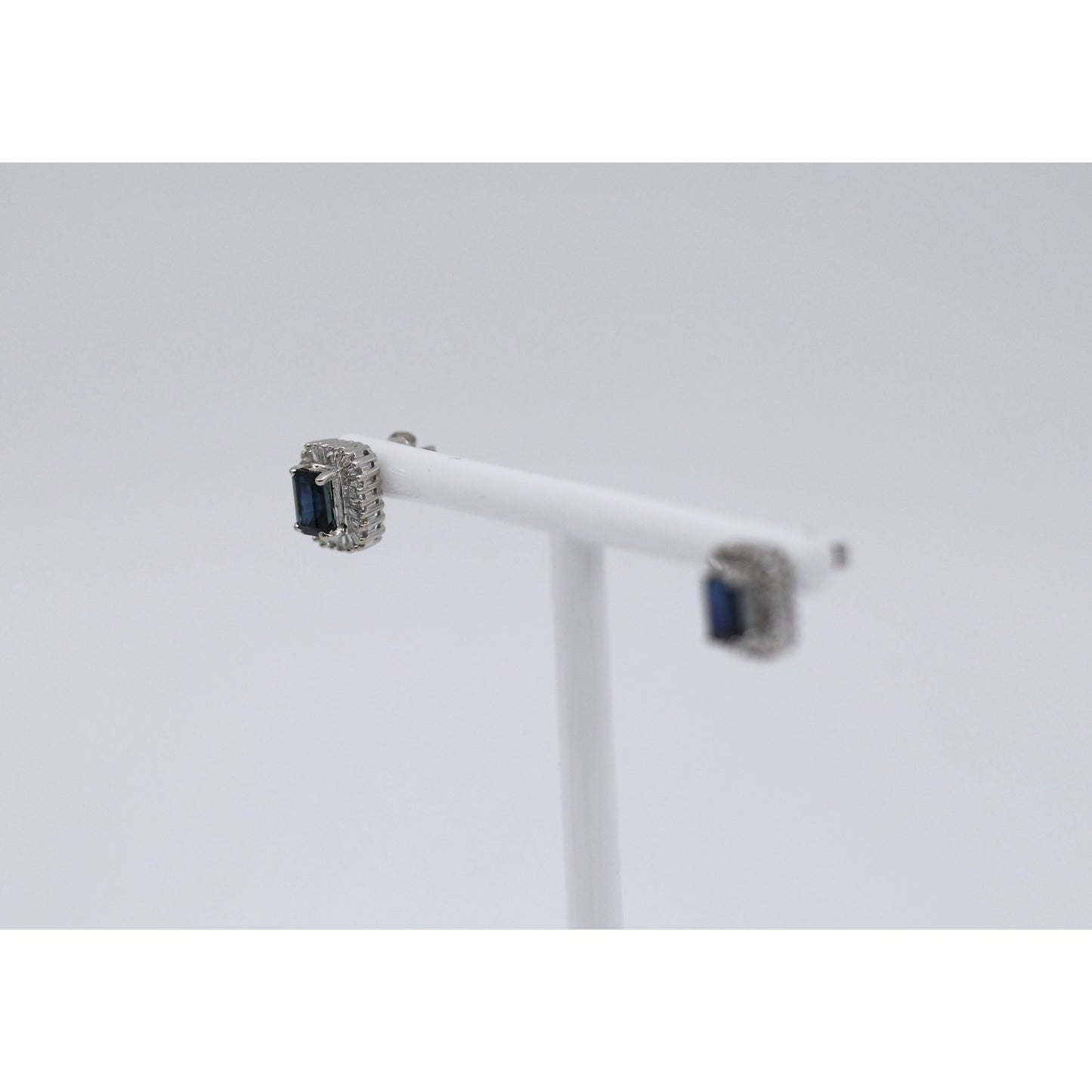 14K White Gold Radiant Cut Sapphire & Diamond Rectangular Stud Earrings