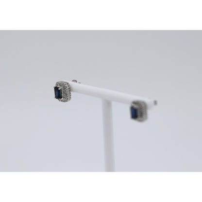 14K White Gold Radiant Cut Sapphire & Diamond Rectangular Stud Earrings