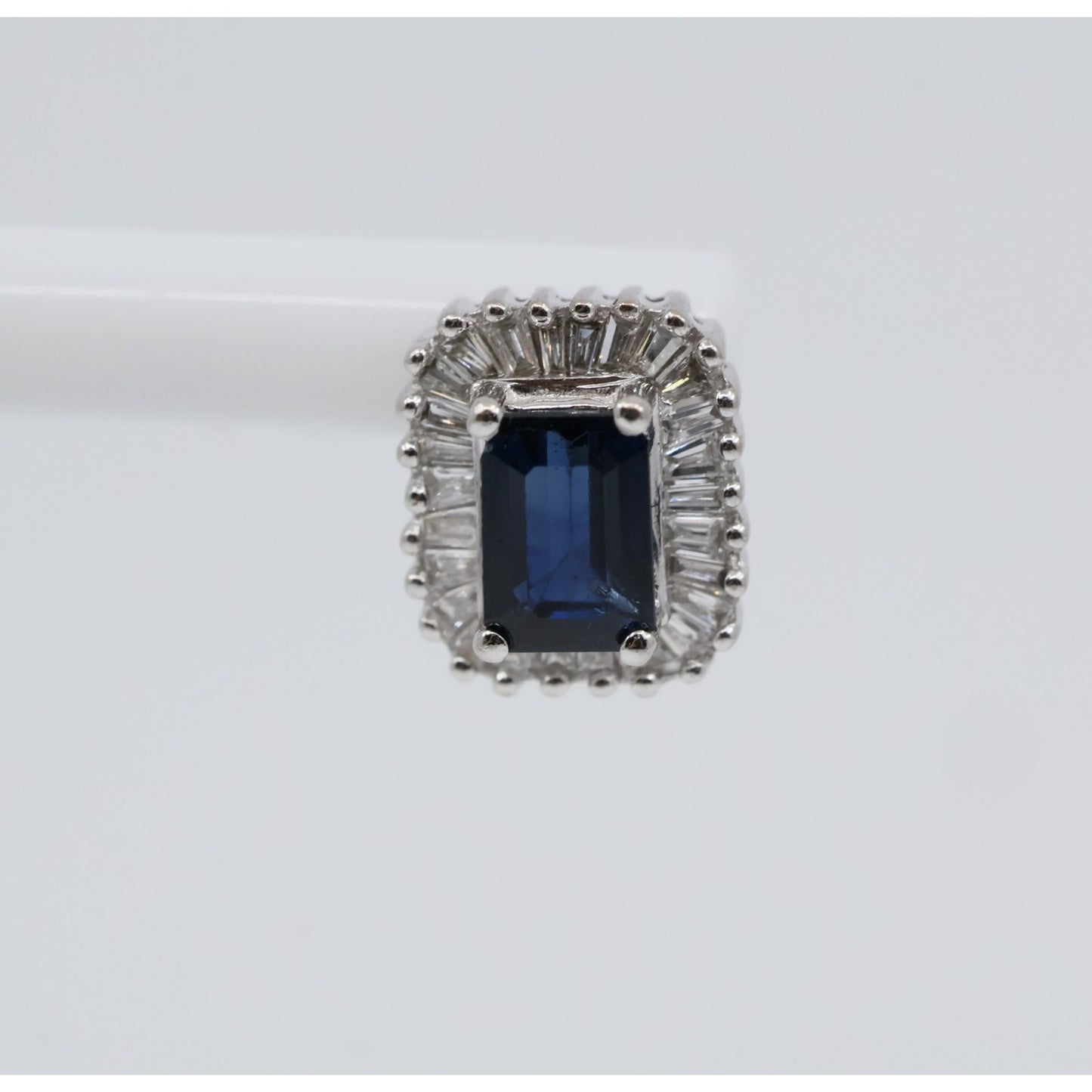 14K White Gold Radiant Cut Sapphire & Diamond Rectangular Stud Earrings