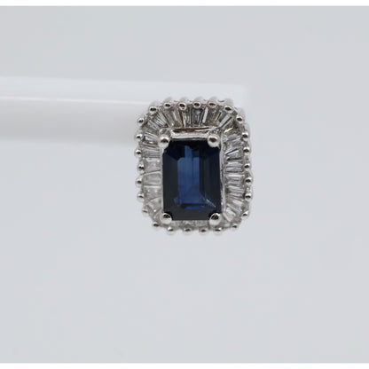 14K White Gold Radiant Cut Sapphire & Diamond Rectangular Stud Earrings