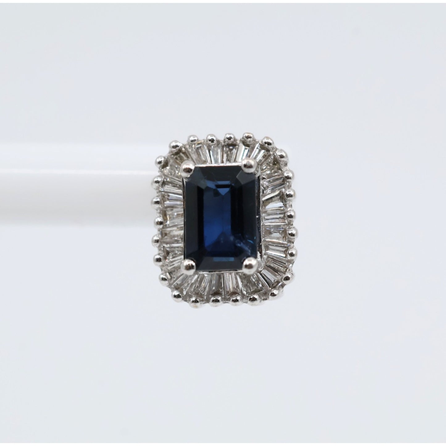 14K White Gold Radiant Cut Sapphire & Diamond Rectangular Stud Earrings