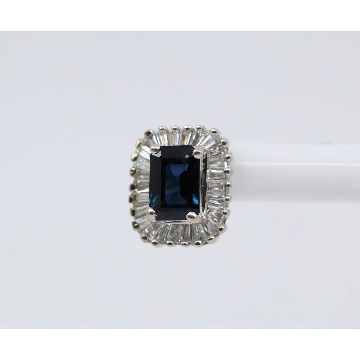 14K White Gold Radiant Cut Sapphire & Diamond Rectangular Stud Earrings