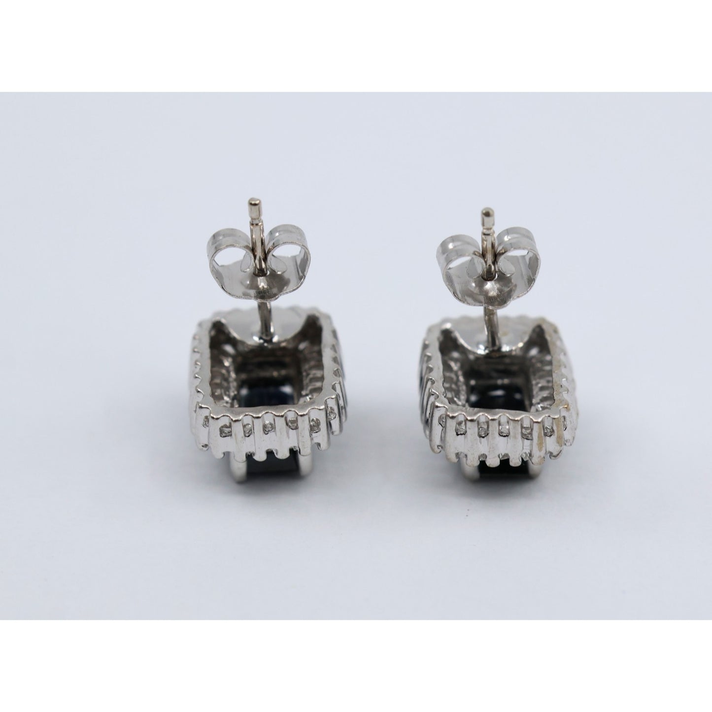 14K White Gold Radiant Cut Sapphire & Diamond Rectangular Stud Earrings