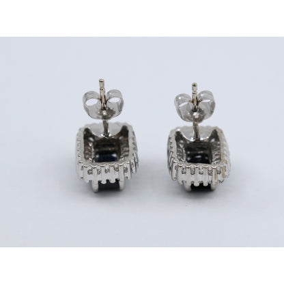 14K White Gold Radiant Cut Sapphire & Diamond Rectangular Stud Earrings