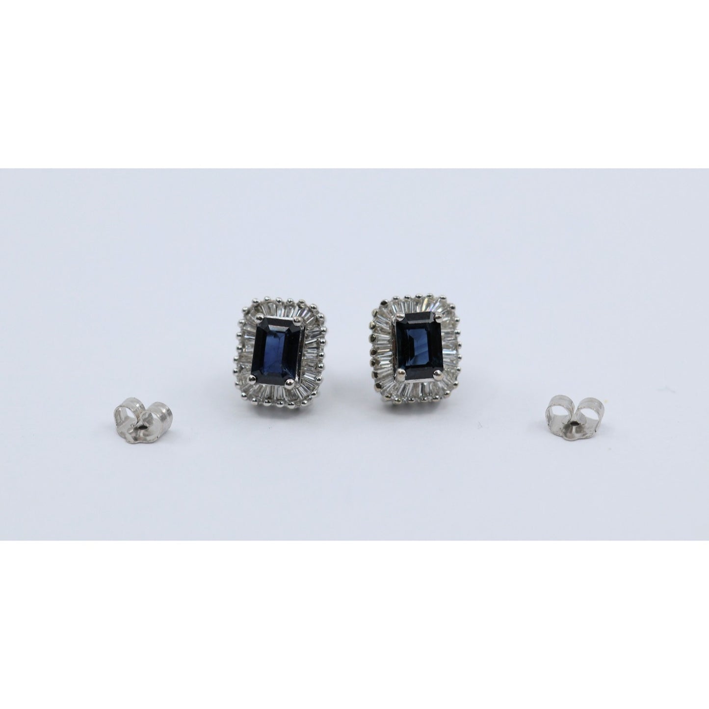 14K White Gold Radiant Cut Sapphire & Diamond Rectangular Stud Earrings