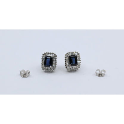 14K White Gold Radiant Cut Sapphire & Diamond Rectangular Stud Earrings