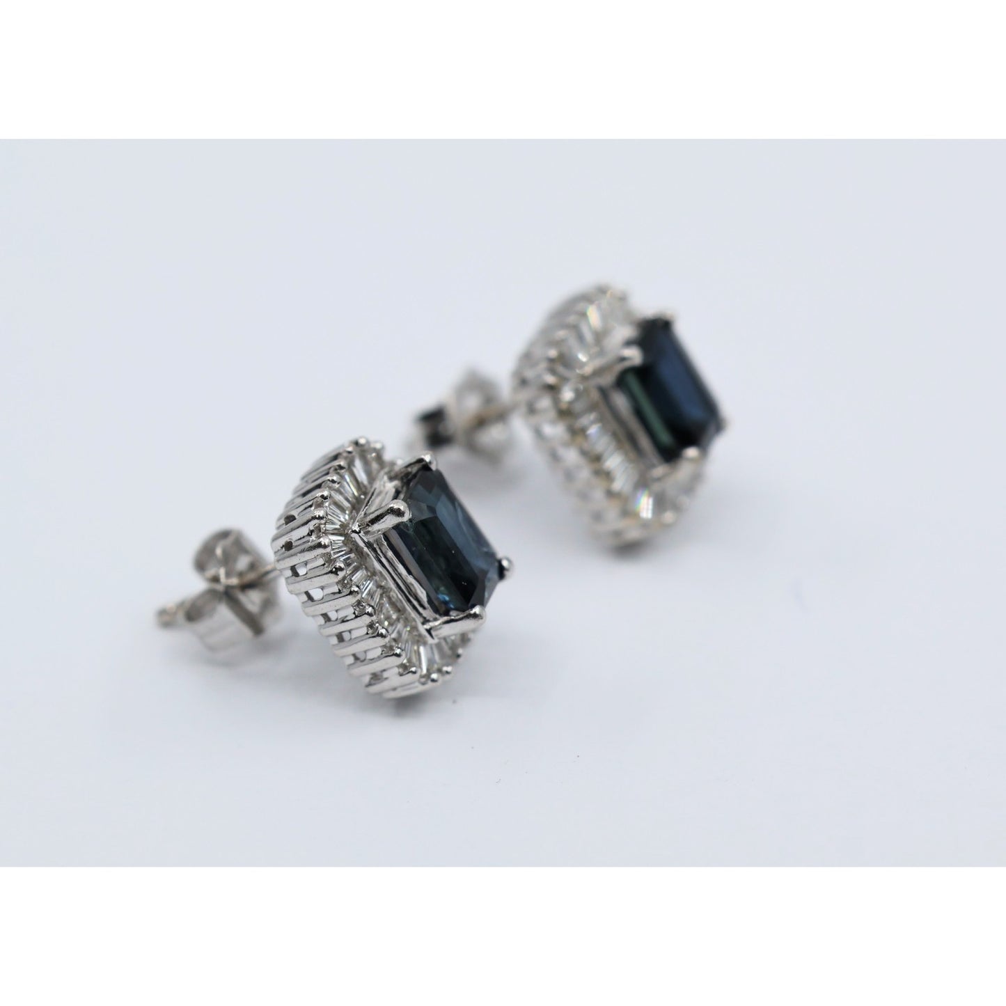 14K White Gold Radiant Cut Sapphire & Diamond Rectangular Stud Earrings