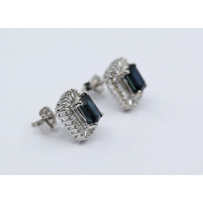 14K White Gold Radiant Cut Sapphire & Diamond Rectangular Stud Earrings