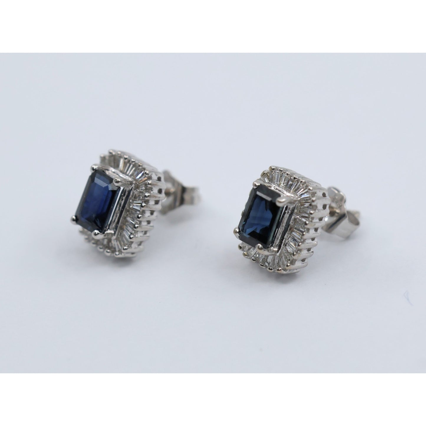 14K White Gold Radiant Cut Sapphire & Diamond Rectangular Stud Earrings