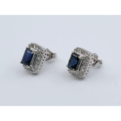 14K White Gold Radiant Cut Sapphire & Diamond Rectangular Stud Earrings