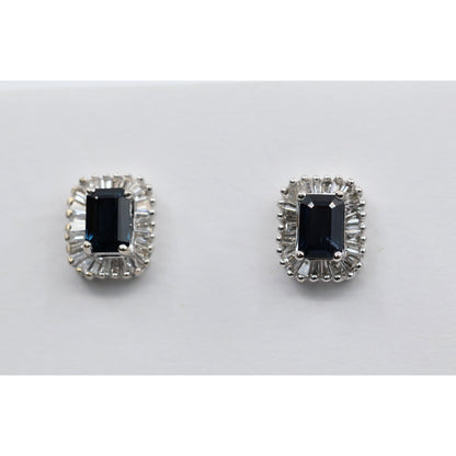 14K White Gold Radiant Cut Sapphire & Diamond Rectangular Stud Earrings