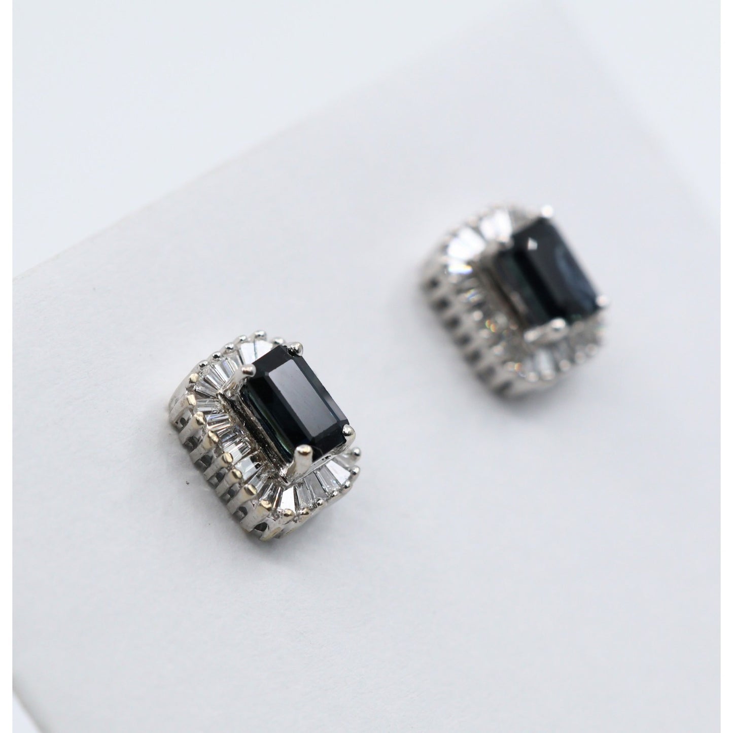 14K White Gold Radiant Cut Sapphire & Diamond Rectangular Stud Earrings