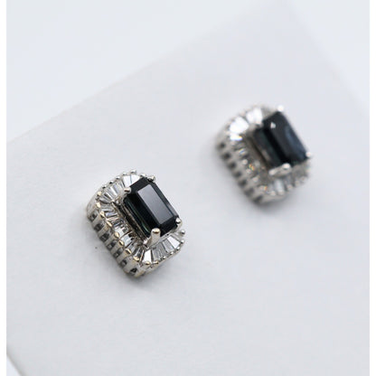 14K White Gold Radiant Cut Sapphire & Diamond Rectangular Stud Earrings