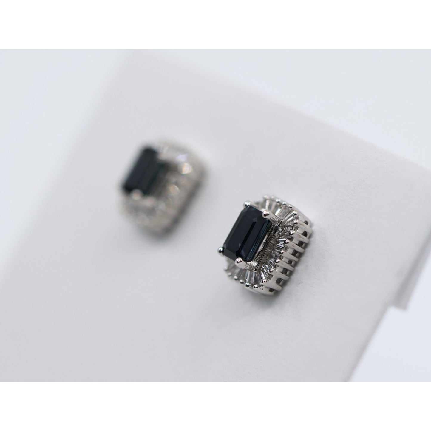 14K White Gold Radiant Cut Sapphire & Diamond Rectangular Stud Earrings