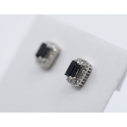 14K White Gold Radiant Cut Sapphire & Diamond Rectangular Stud Earrings