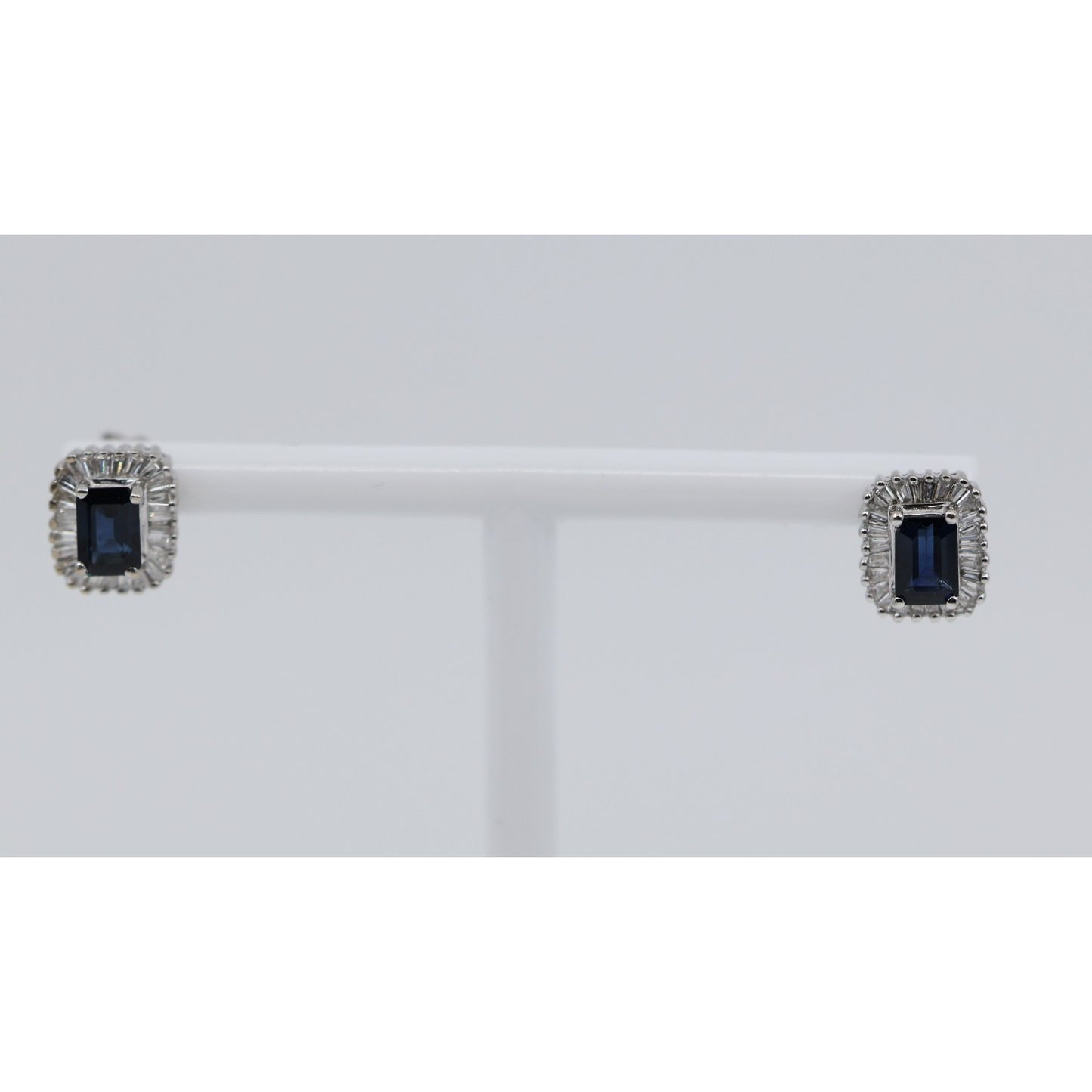 14K White Gold Radiant Cut Sapphire & Diamond Rectangular Stud Earrings